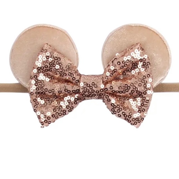 Baby Minnie Mouse Ears Headband with Beige Sequins Bow - Picture 1 of 9